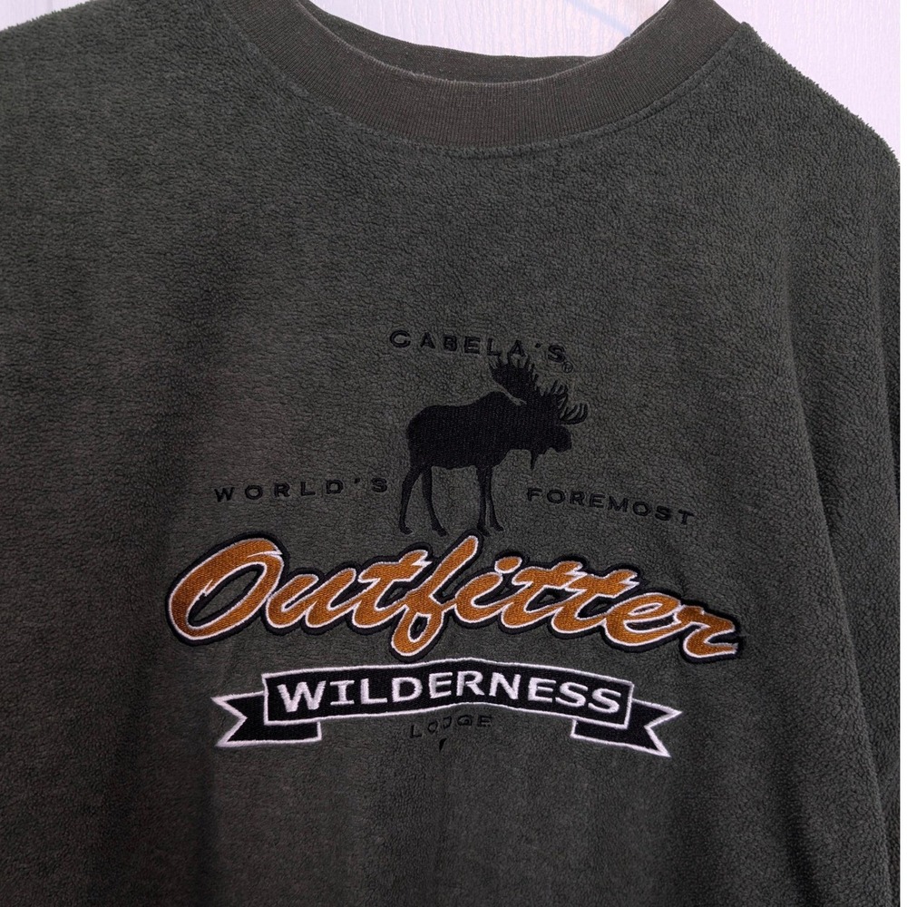 Cabelas Mens 2XL Fleece Sweatshirt Green Wilderness Lodge Moose Outfitter